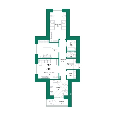 
  Продается 3-комн. квартира, 68.1 м², ЖК Широта, корпус 1
. Фото 1.