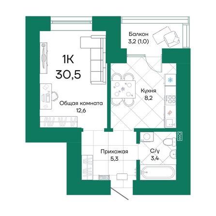 
  Продается 1-комн. квартира, 30.5 м², ЖК Широта, корпус 1
. Фото 1.