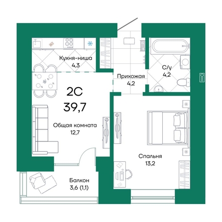 
  Продается 2-комн. квартира, 39.7 м², ЖК Широта, корпус 1
. Фото 1.
