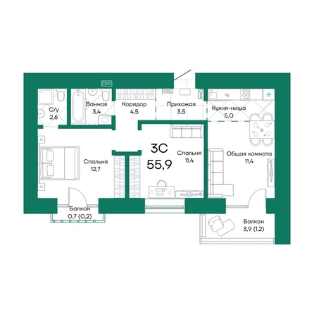 
  Продается 3-комн. квартира, 55.9 м², ЖК Широта, корпус 2
. Фото 1.