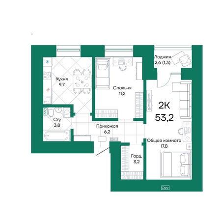 
  Продается 2-комн. квартира, 53.2 м², ЖК Широта, корпус 2
. Фото 1.