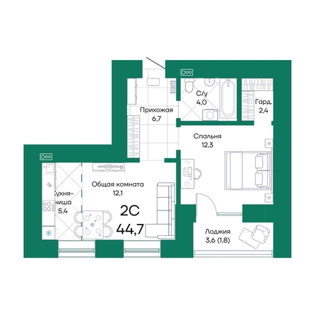 
  Продается 2-комн. квартира, 44.7 м², ЖК Широта, корпус 2
. Фото 1.