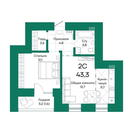 
  Продается 2-комн. квартира, 43.3 м², ЖК Широта, корпус 2
. Фото 1.