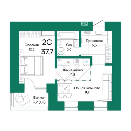 
  Продается 2-комн. квартира, 37.7 м², ЖК Широта, корпус 2
. Фото 1.