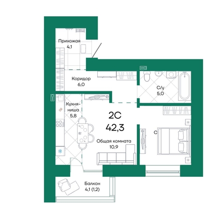 
  Продается 2-комн. квартира, 42.3 м², ЖК Широта, корпус 1
. Фото 1.