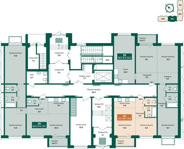 
  Продается 3-комн. квартира 83.3 м², в ЖК Камчатка, корпус 4. Фото 1.