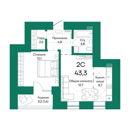 
  Продается 2-комн. квартира 43.3 м², в ЖК Широта, корпус 2. Фото 1.