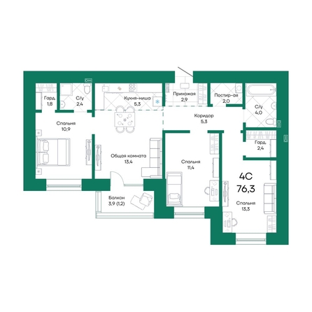 
  Продается 4-комн. квартира 76.3 м², в ЖК Широта, корпус 1. Фото 1.