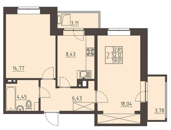 
   Продам 2-комнатную, 59.01 м², Очаг, блок-секция 7

. Фото 1.
