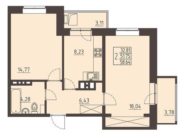 
   Продам 2-комнатную, 58.64 м², Очаг, блок-секция 7

. Фото 1.