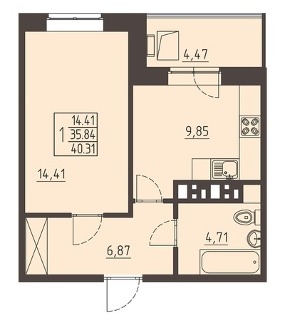 
   Продам 1-комнатную, 40.31 м², Очаг, блок-секция 7

. Фото 1.