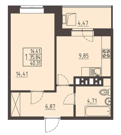 
   Продам 1-комнатную, 41 м², Очаг, блок-секция 8

. Фото 1.