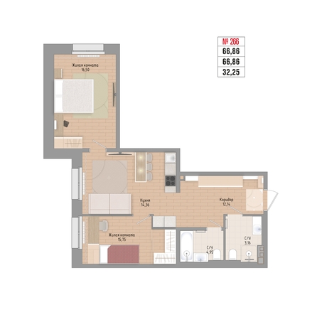 
  Продается 2-комн. квартира 66.86 м², в ЖК Стрижи Сити, блок-секции 6,7. Фото 1.
