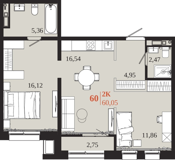 
  Продается 2-комн. квартира 60.05 м², в ЖК 1661. Фото 1.