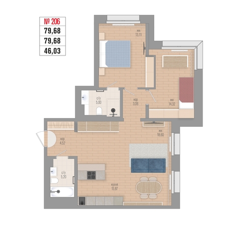 
  Продается 3-комн. квартира 79.68 м², в ЖК Стрижи Сити, блок-секции 6,7. Фото 2.