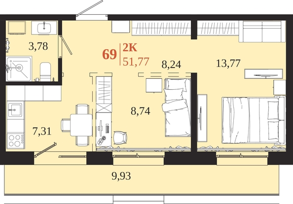 
  Продается 2-комн. квартира 51.77 м², в ЖК 1661. Фото 1.