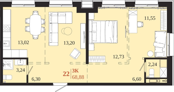 
  Продается 3-комн. квартира 68.88 м², в ЖК 1661. Фото 1.