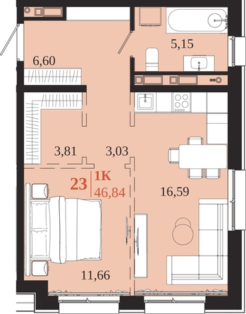 
  Продается 1-комн. квартира 46.84 м², в ЖК 1661. Фото 1.