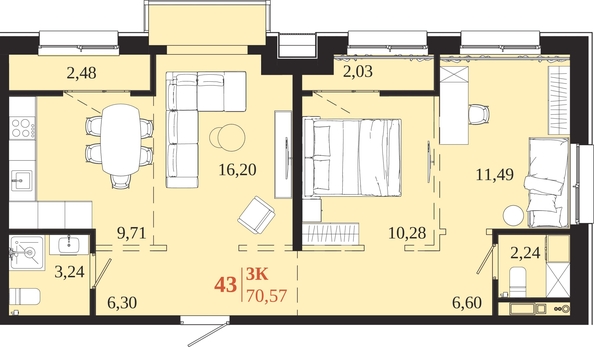 
  Продается 3-комн. квартира 70.57 м², в ЖК 1661. Фото 1.