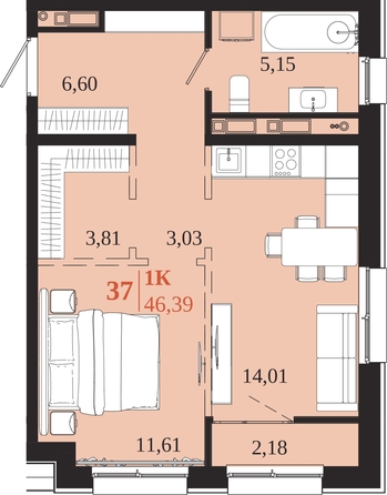
  Продается 1-комн. квартира 46.39 м², в ЖК 1661. Фото 1.
