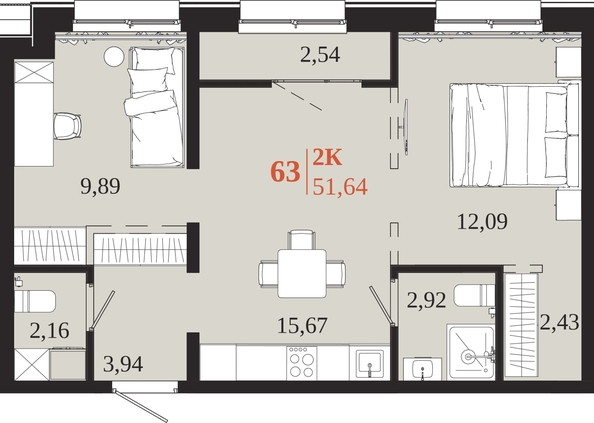 
  Продается 2-комн. квартира 51.64 м², в ЖК 1661. Фото 1.