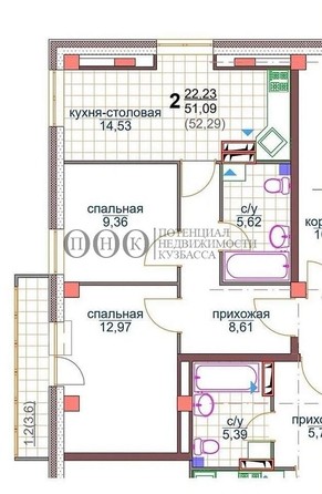 
   Продам 2-комнатную, 52.3 м², Строителей б-р, 67а

. Фото 1.