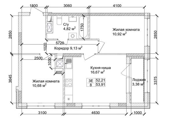 
   Продам 3-комнатную, 55.34 м², 7 высот, дом 9

. Фото 1.