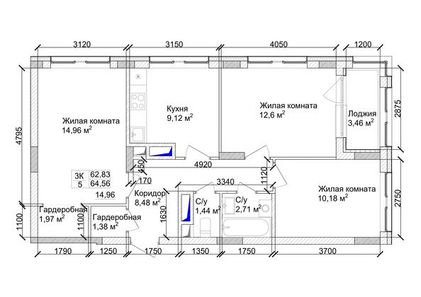 
   Продам 3-комнатную, 66.65 м², 7 высот, дом 9

. Фото 2.