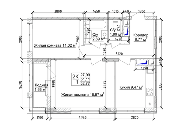 
   Продам 2-комнатную, 54.2 м², 7 высот, дом 6а

. Фото 7.