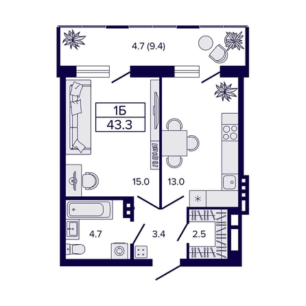 
   Продам 1-комнатную, 43.3 м², Luna (Луна)

. Фото 1.