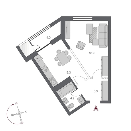 
   Продам 1-комнатную, 42.7 м², Беринг, дом 2

. Фото 1.