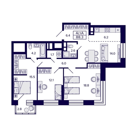 
  Продается 4-комн. квартира, 88.3 м², ЖК Citatum (Цитатум)
. Фото 1.