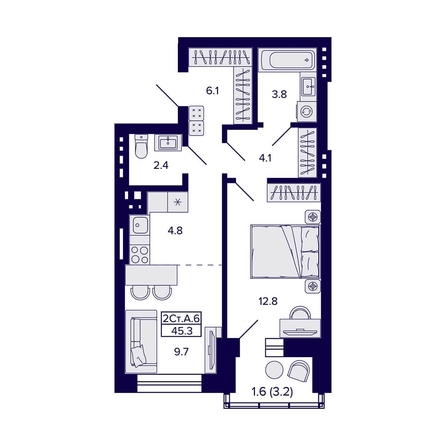 
  Продается 2-комн. квартира, 45.3 м², ЖК Сподвижники
. Фото 1.