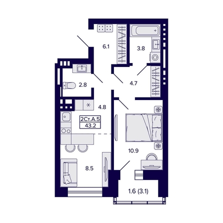
  Продается 2-комн. квартира, 43.2 м², ЖК Сподвижники
. Фото 1.