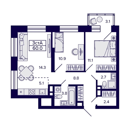 
  Продается 3-комн. квартира, 60 м², ЖК Citatum (Цитатум)
. Фото 1.
