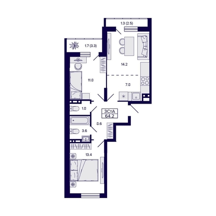 
  Продается 3-комн. квартира, 60.8 м², ЖК Gorizont (Горизонт)
. Фото 1.
