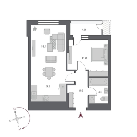 
  Продается 2-комн. квартира, 50.4 м², ЖК Беринг, дом 2
. Фото 1.