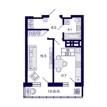 
  Продается 1-комн. квартира, 39.1 м², ЖК Grando (Грандо)
. Фото 1.