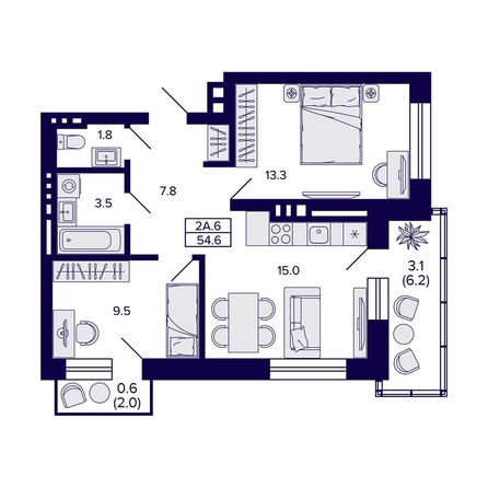 
  Продается 2-комн. квартира, 54.6 м², ЖК Сподвижники
. Фото 1.