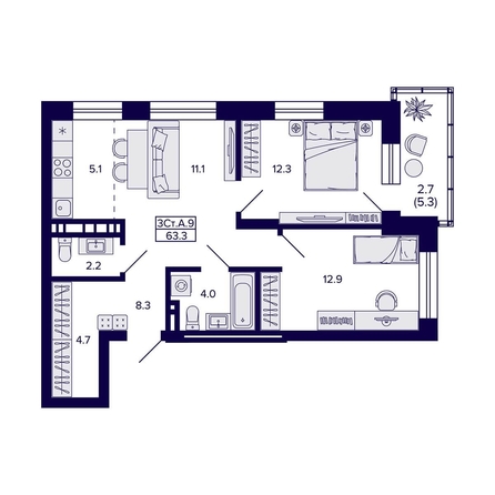 
  Продается 3-комн. квартира, 63.3 м², ЖК Сподвижники
. Фото 1.