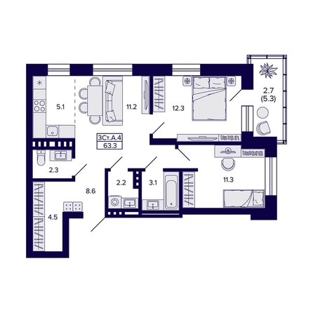 
  Продается 3-комн. квартира, 63.3 м², ЖК Сподвижники
. Фото 1.