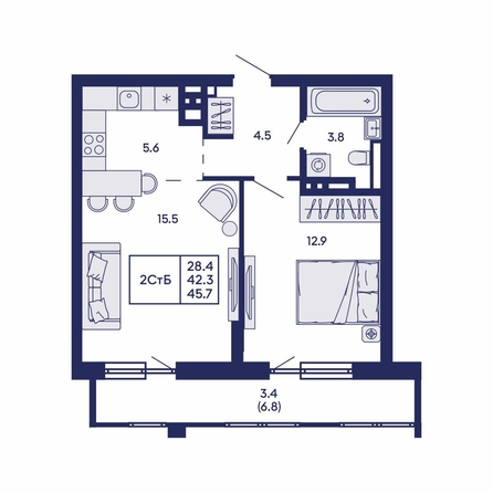 
  Продается 2-комн. квартира 45.7 м², в ЖК Горизонт, дом 2. Фото 2.