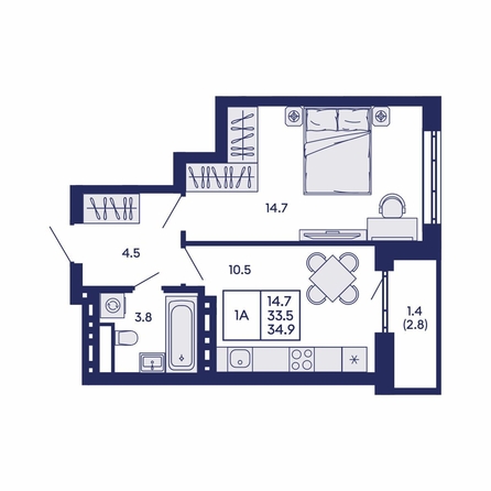 
  Продается 1-комн. квартира 34.9 м², в ЖК Горизонт, дом 2. Фото 2.
