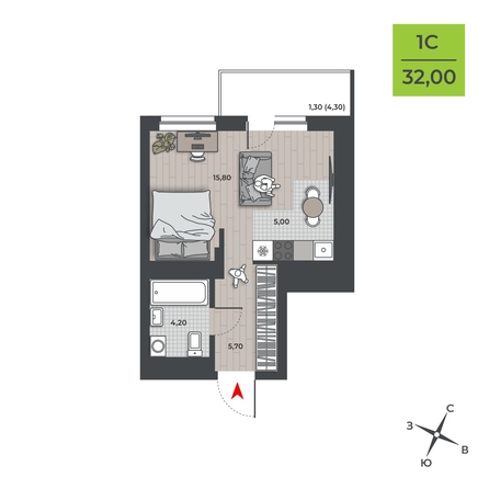 
  Продается студия 30.7 м², в ЖК ДНК. Фото 1.