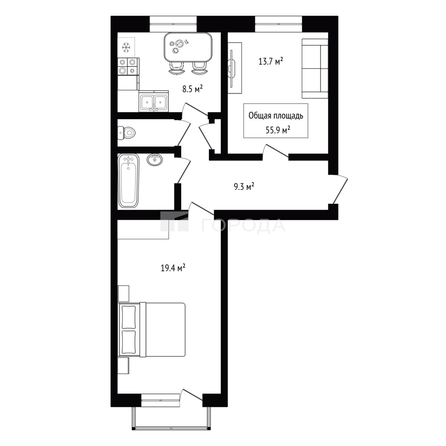 
  Продается 2-комн. квартира 55.9 м². Фото 2.