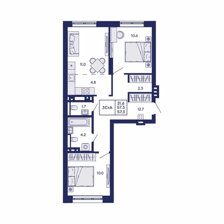 
  Продается 3-комн. квартира 57.3 м², в ЖК Горизонт, дом 2. Фото 1.