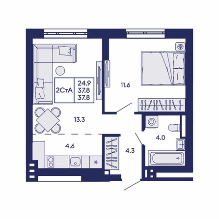 
  Продается 2-комн. квартира 37.8 м², в ЖК Горизонт, дом 2. Фото 1.