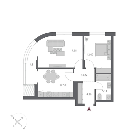 
  Продается 2-комн. квартира 59.64 м², в ЖК Беринг, дом 3. Фото 1.