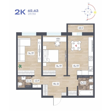 
  Продается 2-комн. квартира 65.63 м², в ЖК Радуга Сибири, дом 10. Фото 1.