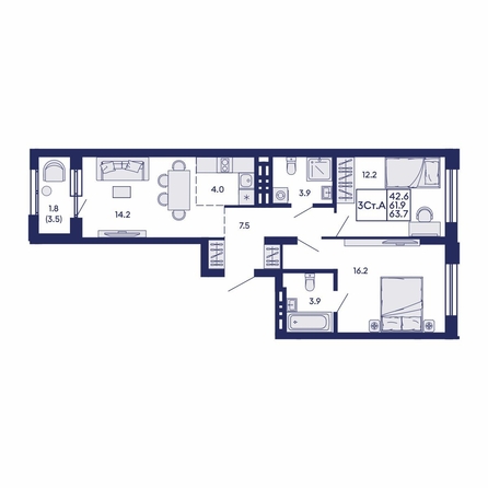 
  Продается 3-комн. квартира 63.7 м², в ЖК Сила леса, корп 2. Фото 1.